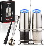 Gravity Electric Salt and Pepper Grinder Set-Battery Operated Salt and Pepper Grinder Set have Adjustable Coarseness-Automatic Stainless Steel Mill have Blue LED light with a Bonus Stand, Brush &Spoon