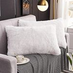 WERDIM Shaggy Fluffy Faux Fur Pillowcases 2 Pack Button Closure Velvet Pillow Shams Standard/Queen Size (White, 20 X 26 Inches)