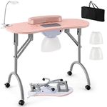 Giantex Nail Table for Nail Tech, Portable Manicure Table with Electric Dust Collector, USB-plug LED Lamp, Wrist Rest, 4 Lockable Wheels, Foldable Nail Desk with Carry Bag (Pink)