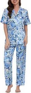Lavenderi Women's Short Sleeves Classtic Satin Pajama Set, Blue Flower, Small