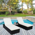 DEVOKO Outdoor Lounge Chairs Set of 2 Thick Cushions & Matching Table, Patio Rattan Furniture Sets for Pool Side, Balcony, Beach (Black Lounger and White Cushion Color)