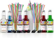 Hawaiian Shaved Ice Syrup Assortment with 6 - 16oz Bottles, 50 Snow Cone Cups, Spoon Straws, and Pouring Spouts. Flavors: Tiger’s Blood, Pina Colada, Blue Raspberry, Grape, Cherry, Lemon-Lime