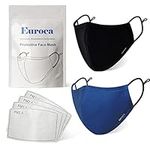 Euroca - Cloth Face Mask, 3 Layers Cotton Face Masks, Washable & Reusable Face Masks, Face Mask Set, Adjustable Face Mask With Filter Sheets (PM2.5), Black & Royal Blue, Set of 2, Women