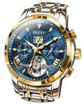 OLEVS Automatic Watches For Men Skeleton 5 Hands Mechanical Classic Luxury Calendar Two Tone Stainless Steel Waterproof Analogue Wrist Men Watch Blue Dial