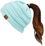 C.C Exclusives Soft Stretch Cable Knit Messy Bun Ponytail Beanie Winter Hat for Women (MB-20A), Mint, One Size