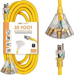 Digital Energy - Outdoor Heavy Duty 10/3 Extension Cord - 25 Ft | 3 Lighted Outlets, 15A, 125V, 60Hz, 1825W 10AWG - UL Listed