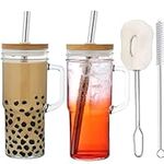 ALINK 24oz Reusable Cup Smoothie Tumbler Glass Bubble Tea Cup, 2 Pack Iced Coffee Cups with Bamboo Lids and Straws, Mason Jar Drinking Glasses for Juice,Handle Cup(White)