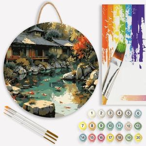 Garden Paint by Numbers Kit for Adults on Wood Board – DIY Japanese Koi Pond and Autumn Trees Wood Craft Painting Kit, 12 in Round, Acrylic Paint Set, Beginner-Friendly, Relaxing Home Decor Gift