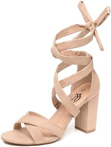 Trary Black Pink Nude Red Heels for Women,Women's Heeled Sandals Lace up High Heels,Chunky Heels for Women,Strappy Heels for Women Sandals,High Platform Stripper Heels,Comfortable Tie Up Heels 3 Inch, Light Nude, 9