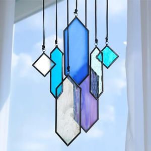 HDCRYSTALGIFTS Stained Glass Window Hanging Suncatchers - 7 Pieces Handcrafted Element Earth Tones Set,Modern Blue Wall Art Sun Catchers Indoor Window Glass Decor Gifts for Mom,Grandma