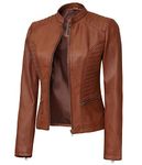 fjackets Real Leather Jacket Women - Cafe Racer Slim Fit Tan Leather Jacket Womens | [1300175] N-185, XL