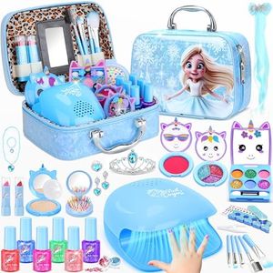 PERRYHOME Kids Makeup Kit for Girl, Unicorn Real Washable Cosmetic Set, Non-Toxic Frozen Toy, Kids Nails Set for Girls, Princess Toys & Birthday Gifts for Girls for 3 4 5 6 7 8+ Years Old (Blue)