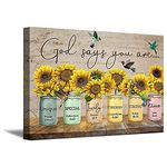 Sunflower Canvas Wall Art Print Painting God Says You Are Inspirational Quote Poster Rustic Yellow Flower In Vase Pictures Modern Home Wall Artwork for Living Room Bedroom Hallway Framed (12"x18")