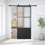 JUBEST 36" x 84" Glass Sliding Barn Door with Top Mounted Hardware Kit Included, 3-Panel Aluminum Frame and Frosted Tempered Glass French Door, Black Sliding Door, Easy to Install