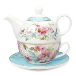 fanquare Pink Floral Tea for One Set, Tea Cup and Saucer Set for Adults, Blue Tea Set with Gold Trim for Party Gift