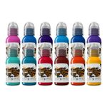 World Famous Tattoo Ink - 12 Primary Color Tattoo Kit #2 - Professional Tattoo Ink in Color Assortment of Tattoo Ink - Skin-Safe Permanent Tattooing - Vegan & Non-Toxic (1 oz Each)