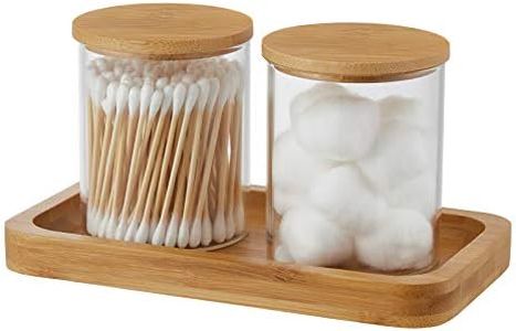 YININE Qtip Dispenser Holder Glass, Apothecary Jars Bathroom Canisters with Tray Vanity Jars Containers for Cotton Balls Swab Pads Round Q-Tips Hair Ties Floss Small Things