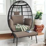 DWVO Oversized Egg Chair with Ottoman, Indoor Outdoor Egg Shape Wicker Chair for Patio, Backyard, Living Room, Basket Chair w/Footrest, 5 Cushions, 450lb Capacity, 40in Width, Steel Frame (Brown)