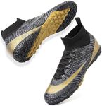 VTASQ Football Boots Men's High Top TF Artificial Grass Football Shoes Children Boys Training Shoes Professional Athletics Outdoor Sports Turf Football Shoes Unisex, Black Gold, 9.5 AU