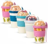 EYNEL 5 Pack On The Go Cereal Yogurt Cups with Lids and Spoon, Overnight Oats Container, Reusable Parfait Plastic Milk Jar Breakfast Crunch Granola Oatmeal Smoothie Snack Prep Bowl