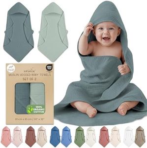 infancie 100% Organic Cotton Muslin Baby Hooded Towels - 32x32 Inch, 2 Pack Newborn Bath Towels for Boys & Girls, Soft & Absorbent Bath Set (Green/Mint Green)