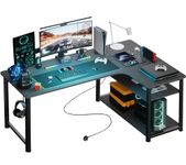 COMHOMA L Shaped Gaming Desk with Power Outlets Corner Computer Desk 130x80CM with Shelves Headphone Hook PC Table Workstation for Home Office Bedroom (Black, 130CM)