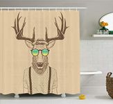 Ambesonne Antlers Shower Curtain for Restroom Decor Deer Dressed Like Cool Hipster Fashion Creative Funny Animal Graphic Illustration Cloth Fabric Home & Bath Set with Hooks 69" W x 75" L Pale Camel