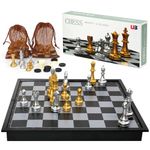 2-in-1 Chess and Checkers Game Set, Exqline 9.84” Travel Magnetic Chess Game Set for Adult and Kids, Compact Plastic Folding Portable Chess Board Set for Beginner Tournament, Gold