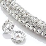 Guoxin Rondelle Spacer Beads 100Pcs Round Crystal Charms Czech Rhinestone Silver Plated Spacer Loose Beads for DIY Bracelet Necklace Jewelry Making Supplies (12MM, White)