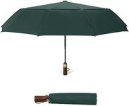 ECOHUB Travel Umbrella Windproof Strong With Compact Foldable, Automatic Open/Close, 10 Sturdy Ribs, Recycled PET Fabric, Wooden Handle & Ventilated Waterproof Canopy - Anti-Lost Sleeve, Green