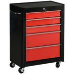 HOMCOM 5-Drawer Lockable Steel Tool Storage Cabinet with Wheels Handle 2 Keys Organisation Box Unit Chest Garage DIY Workshop Trolley Red