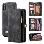 iPhone Xs Max Wallet Case, Zttopo 2 in 1 Leather Zipper Detachable Magnetic 11 Card Slots Card Slots Money Pocket Clutch Cover with Screen Protector for 6.5 Inch iPhone Case -Black Grey