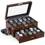 BEWISHOME Watch Box, 20 Slots Watch Case for Men - Luxury Watch Organizer with Glass Top,Smooth Faux Leather Interior, Brown SSH04Y