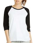 Women 3/4 Sleeve Baseball Tee - Raglan Shirts Jersey Tops Quarter Sleeve Shirt Tees, White / Black, Large