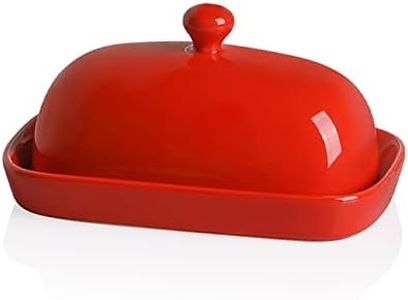 Sweejar Ceramic Butter Dish with Lid for Countertop,Porcelain Butter Keeper with Knob Handle,Butter Container for East/West Coast Butter, 7 inches (Red)