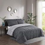 HIG 3 Piece Gray Reversible Duvet Double 200cm x 200cm - Coverless Duvet with Baffle Box Design - 10.5 Tog Down Alternative Comforter Set with 2 Shams - Corner Duvet Tabs - Machine Washable & Durable