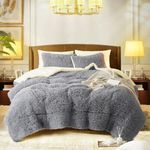 Luxury Faux Fur King Size Winter Comforter Set Shaggy Velvet Gray Long Hair, 3 Pieces Plush Flannel Sherpa Backing Reversible Soft Microfiber Super Warm Bedding Set for Holiday