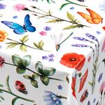 Home Expressions Spring Pvc Wipe Clean Vinyl Table Cloth/Protector Textile Backing, White Ground with Butterflies, Bees, Poppy Flowers, Ladybirds, Dragon Flys, Lavender (140cm x 140cm Square)