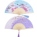 2 Pieces Folding Fans Handheld Fans Bamboo Fans with Tassel Women's Hollowed Bamboo Hand Holding Fans for Wall Decoration, Gifts (Blue Peach Blossom and Purple Cherry Pattern)