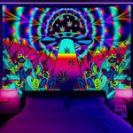 JAWO Trippy Blacklight Tapestry, Psychedelic Mushroom Floral Fantasy Mountain UV Tapestry, Nature Tapestry Black Light Posters Colorful Backdrop Tapestry Wall Hanging for Bedroom Living Room 71x60