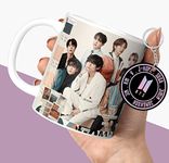 NH10 DESIGNS BTS Printed Mug with Keychain for Girls Boys Birthday Gift for Friends BTS Music Band V Suga J-Hope Jungkook Jin Jimin Rm, BTS Mug (Coffee Mug-350ml) -B61WMK 52 (Ceramic)