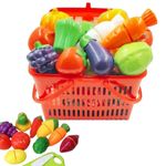 frut and Vegetable Cut Toy with Storage Basket Cutting frut and Vegetable Pretend Play kitechen Toys for Kids 5 Vegetable /5 fruits/2cutting Board/2 knife/2plate/1 Basket/ (Pack of 16 pcs Basket)