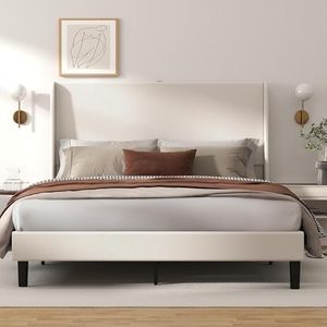 GTRACING Queen Bed Frame, Upholstered Bed Frame Wingback Headboard High Platform Bed with USB Type-C Velvet Queen Size Bed Frame No Box Spring Needed, Wood Slat Support, Easy Assembly, Cream