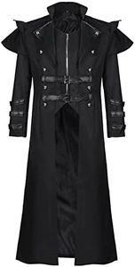 BITSEACOCO Mens Steampunk Tailcoat Costume, Medieval Gothic Long Trench Coat Victorian Double Breasted Zipper Punk Jacket, Black, Large