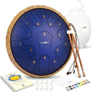 Balmy Drum Steel Tongue Drum 14 inch 15 Notes 440Hz, Handpan Drum with Music Book, Mallets, Carry Bag, Finger Picks, Rain Drum for Outdoor, Meditation Yoga Calming Instruments for Adults Kids (Blue)