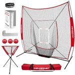 PowerNet DLX Combo 6 Piece Set for Baseball Softball | 7x7 Practice Net Bundle w/Strike Zone, Ball Caddy + 3 Weighted Training Balls | Team or Solo Training | Hitting & Throwing (Red)