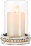 Glasseam Glass Hurricane Candle Holder, Decorative Candle Holders for Pillar Candles, Boho Candle Holders for Table Centerpiece, Glass Cylinder With Wood Beaded Candle Plate for Dining Room Decoration