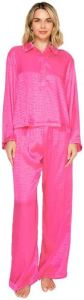 Badgley Mischka Silky Jacquard Satin Long Sleeve and Wide Leg Pajama Set Rasberry