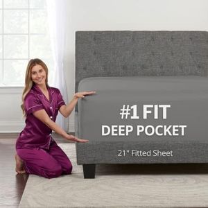 DeaLuxe Cal King Fitted Sheet Only Deep Pocket - 17in - 21in Inch + Extra Deep Pocket Only - 1 Fitted Sheet with Deep Pockets for Pillowtop Mattress California King Size Fitted Grey