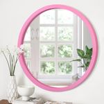 JJUUYOU Round Wall Mirror Small Circular Mirror for Bathroom, Barbie Pink Vanity Mirror Small Wall Circle for Wall Wood Frame Make up Mirror for Entryway Living Room, Bedroom, Dorm Decorative